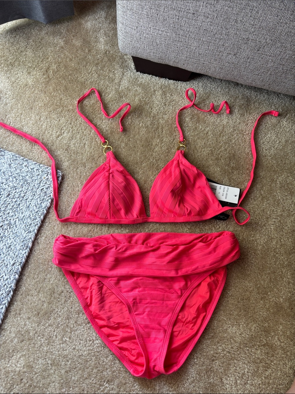 La Blanca Bright Pink Ribbed Bikini Set with Gold Rings